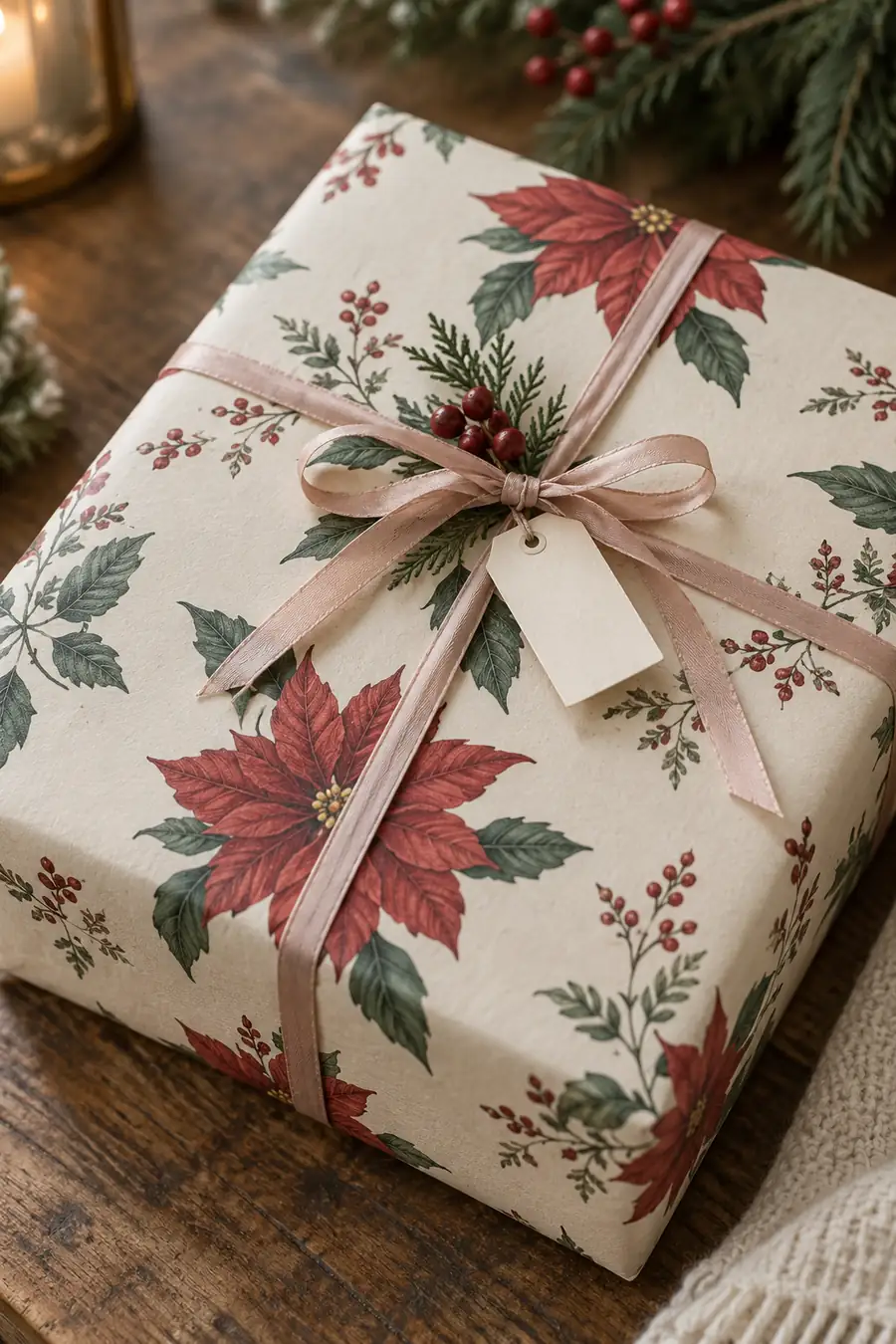Poinsettia wrapping paper finished with blush pink ribbon.