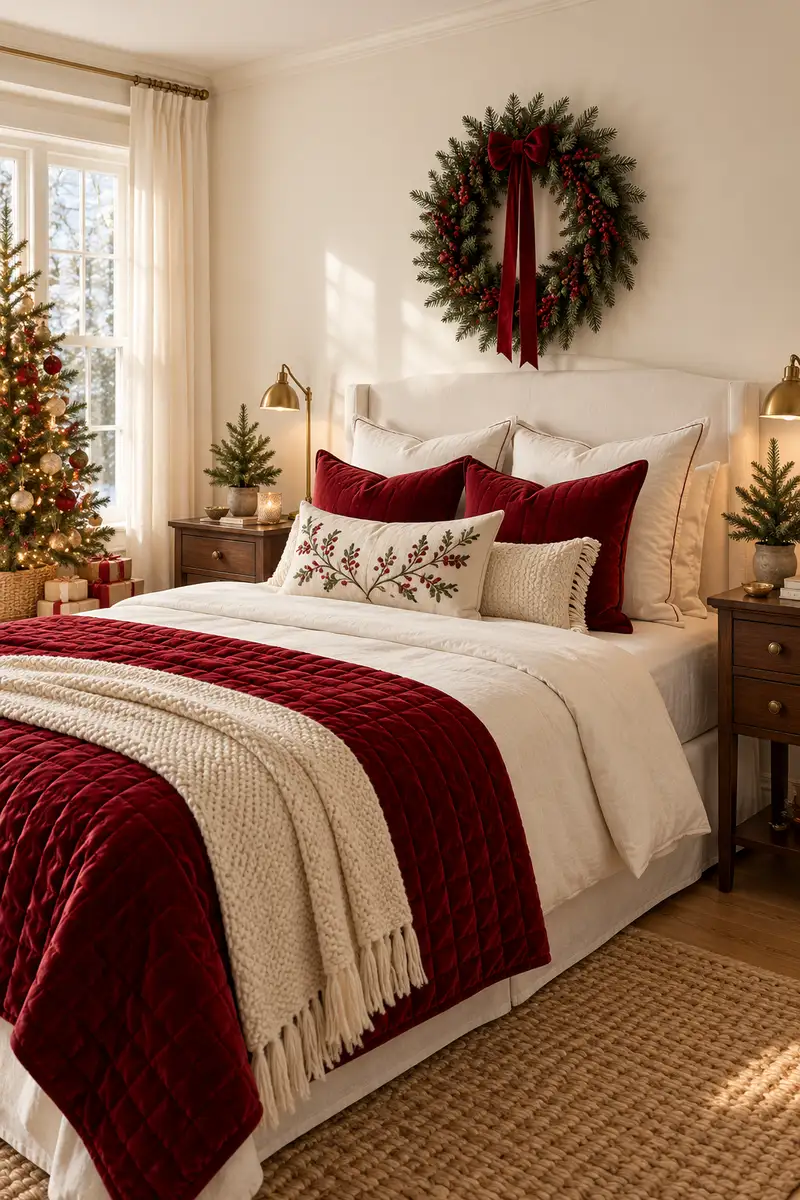 Christmas bedroom with burgundy quilt and evergreen wreath