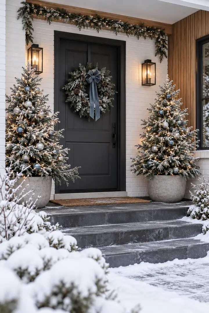 Snowy entry with silver-blue wreath and potted fir trees