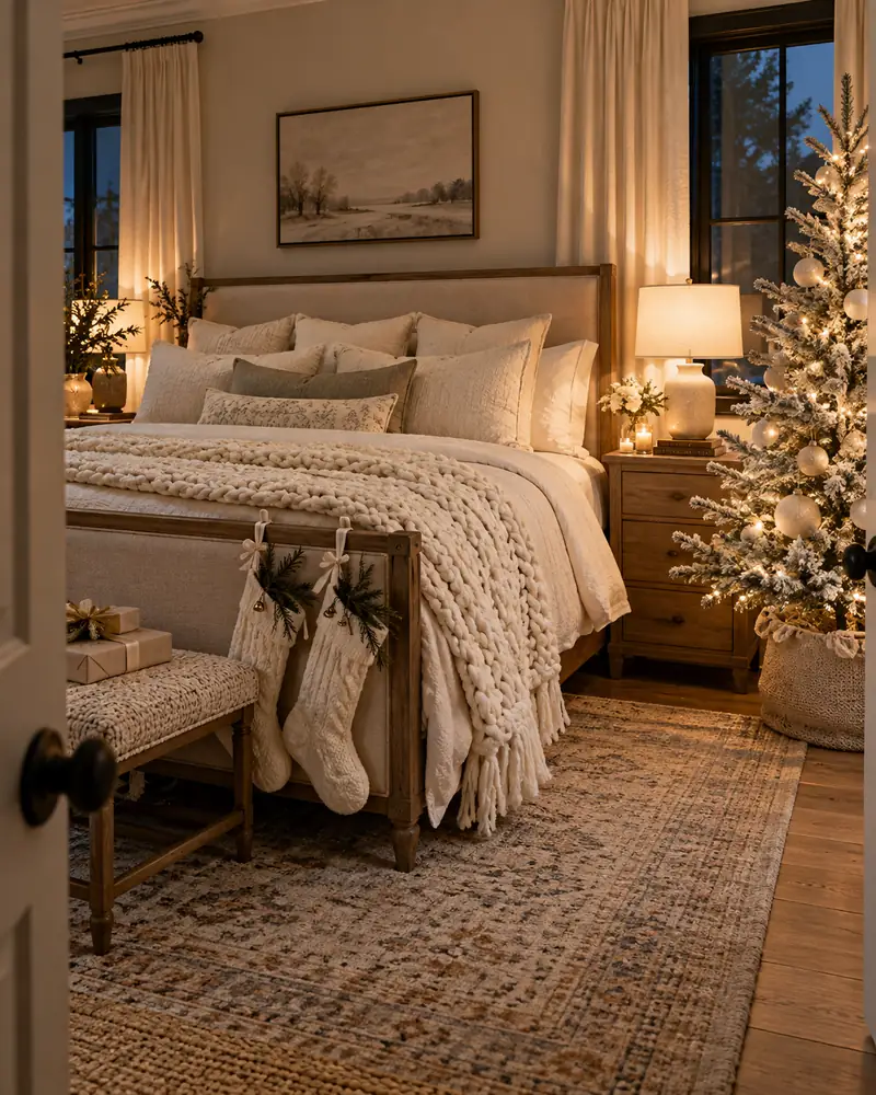 White Christmas bedroom with a small glowing tree