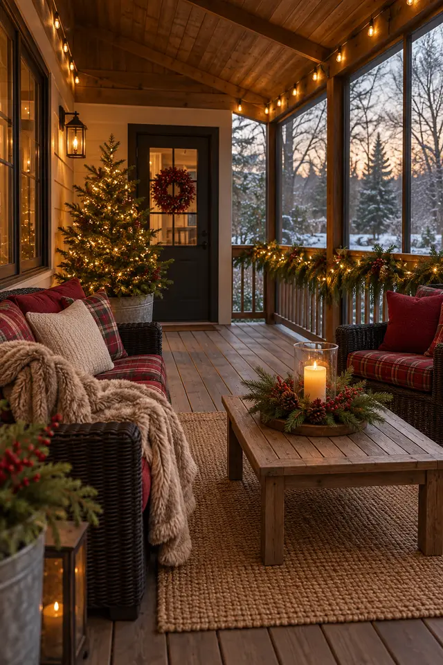 Covered back porch with Christmas tree and red pillows