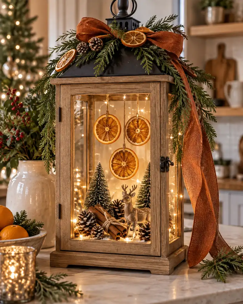 Lantern decor ideas for Christmas with dried oranges and cinnamon