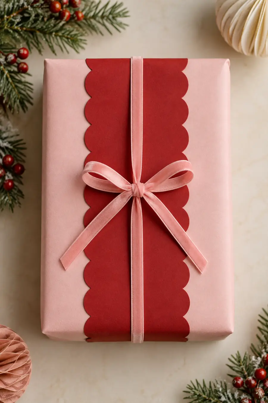 Pink Christmas gift with red scalloped paper trim.