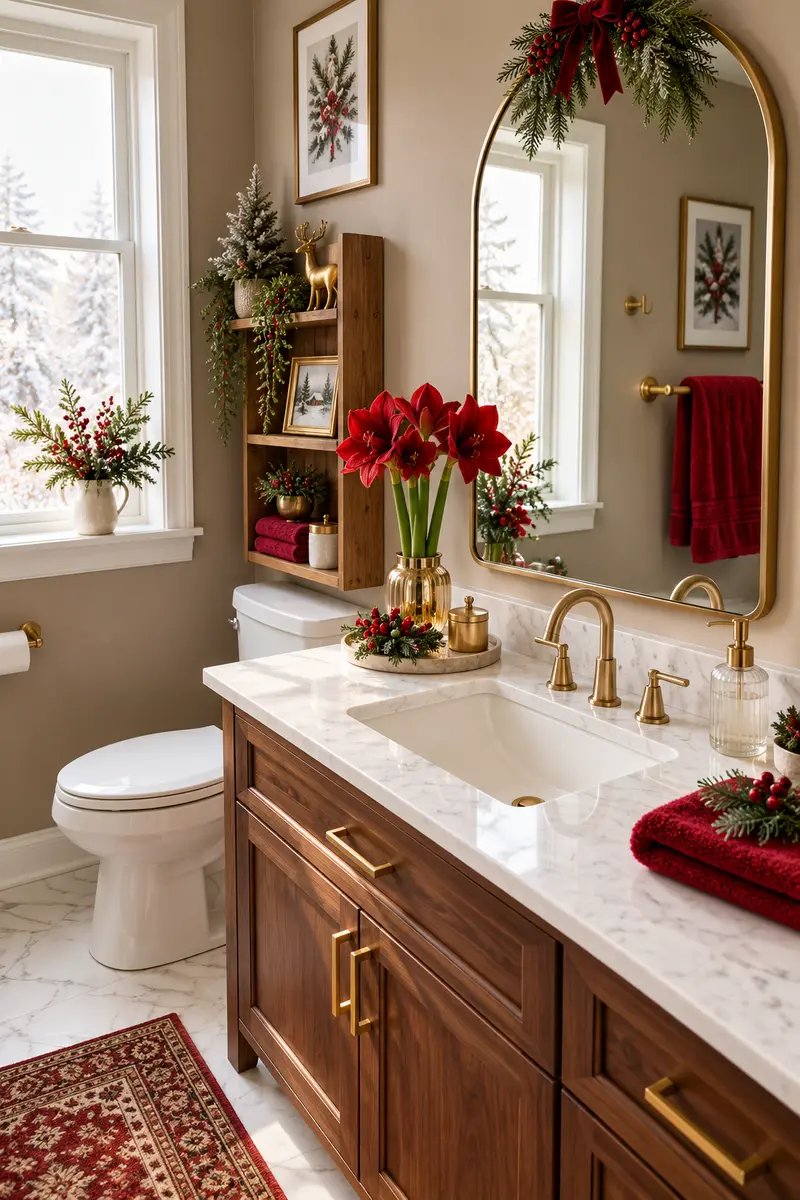 Christmas bathroom with red towels and amaryllis flowers