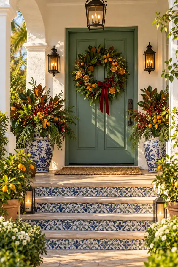 Warm-climate Christmas porch with magnolia and citrus wreath
