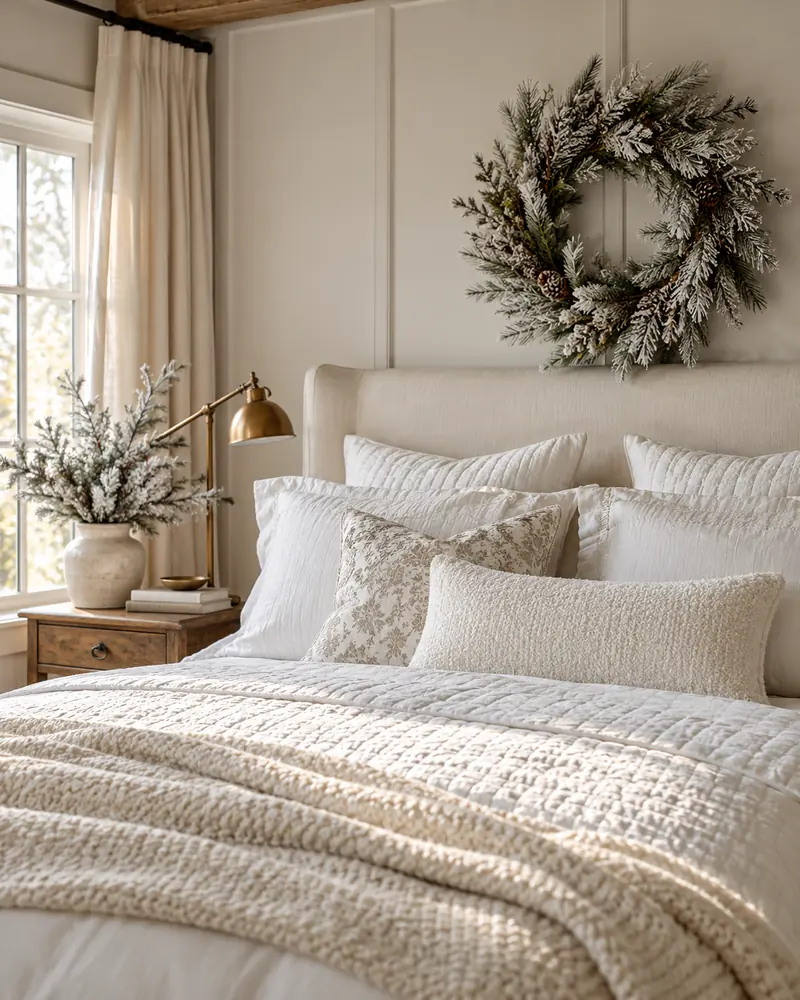 Frosted wreath above a white guest bed