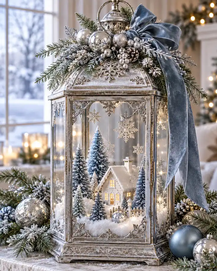 Icy blue Christmas lantern with chalet and frosted trees
