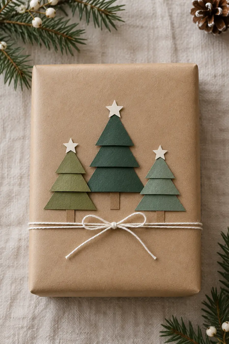 Kraft-wrapped gift decorated with three cut-paper Christmas trees.
