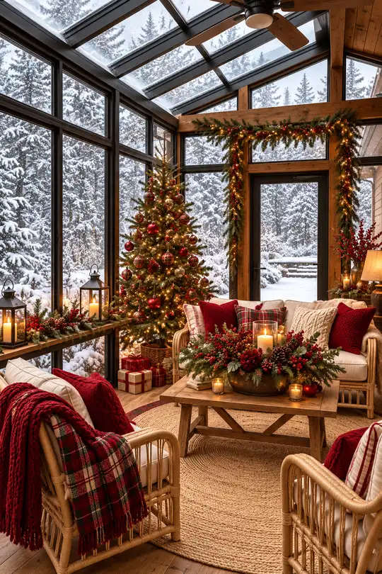 Sunroom with red pillows and a Christmas tree