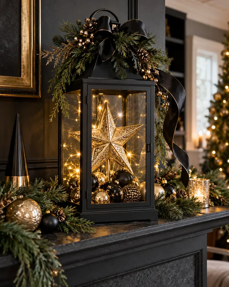 Modern black with gold star and Christmas greenery