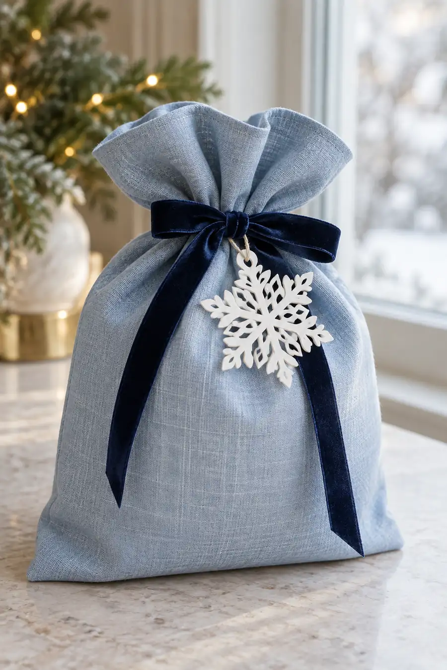Pale blue fabric Christmas gift bag with navy ribbon.