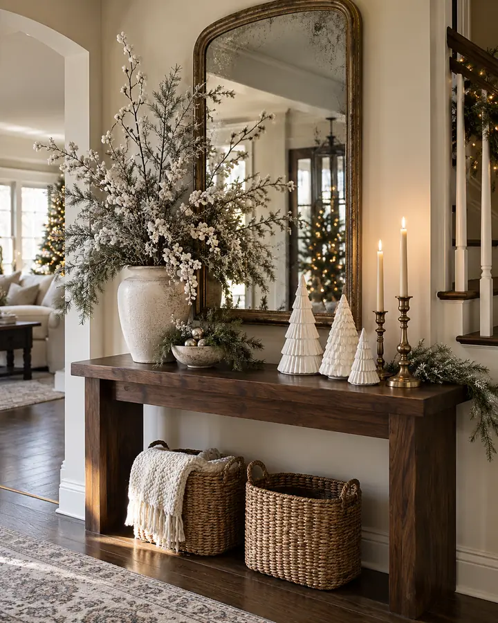 White Christmas entry console with frosted branches
