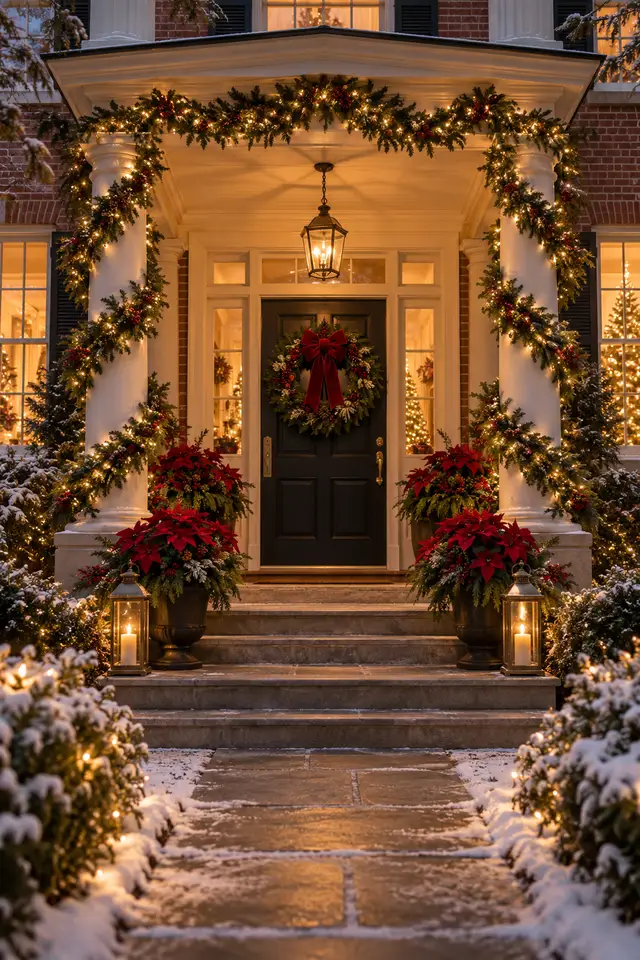 Christmas porch decor ideas with glowing garlands and red poinsettias