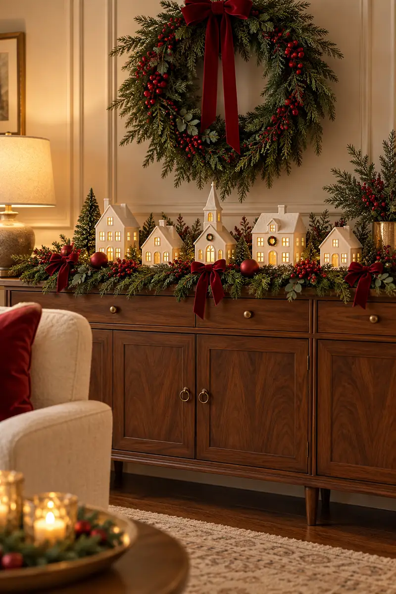 Glowing Christmas village surrounded by red berries