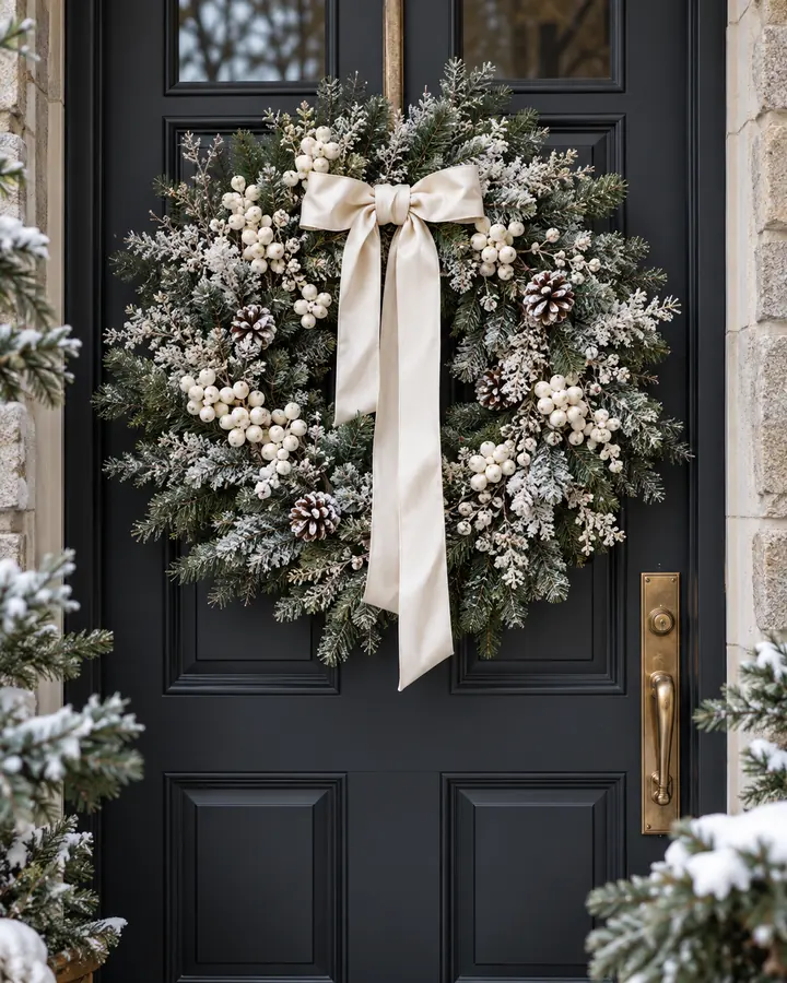 Frosted white Christmas wreath on a dark door