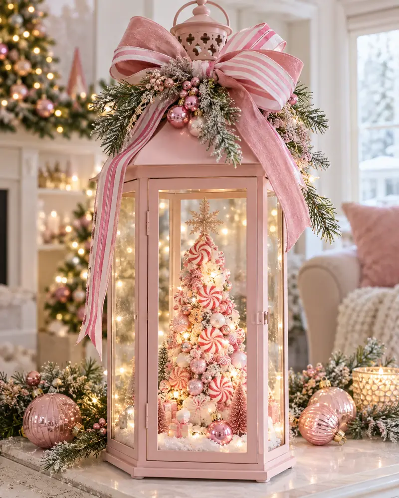 Pink Christmas lantern with peppermint tree and frosted greenery