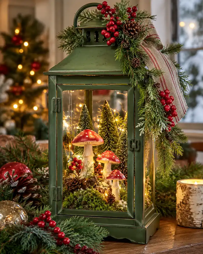 Sage Christmas lantern with miniature mushrooms and woodland greenery