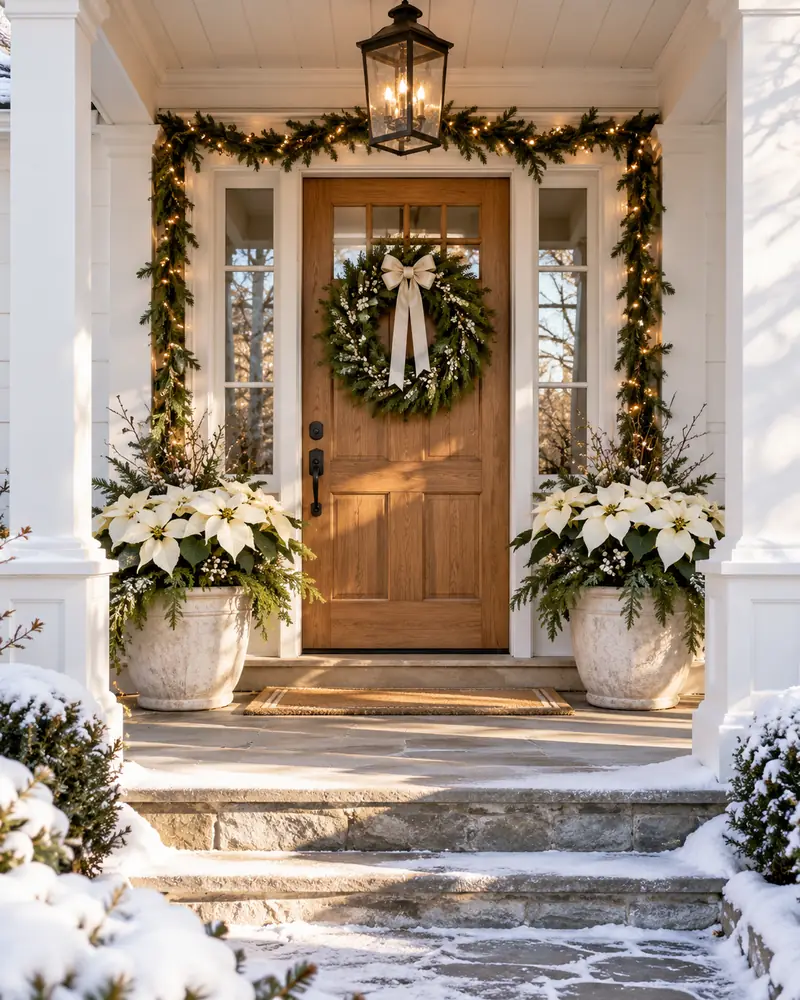 White Christmas porch with poinsettias and wreath