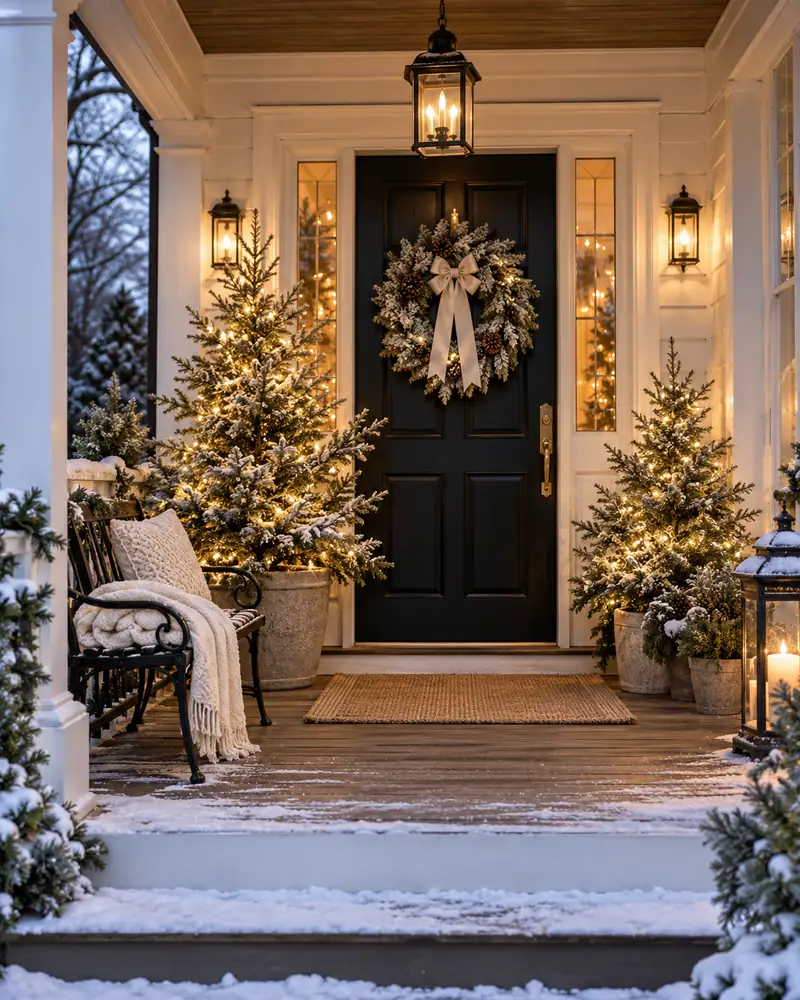 Frosted outdoor Christmas trees beside a doorway