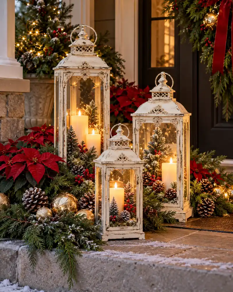 Grouped Christmas porch lanterns with greenery and red poinsettias
