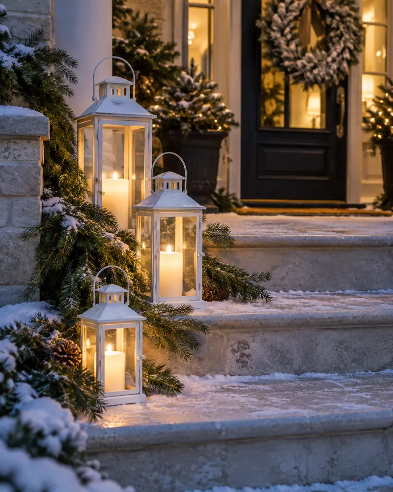 White lanterns beside snowy front steps
