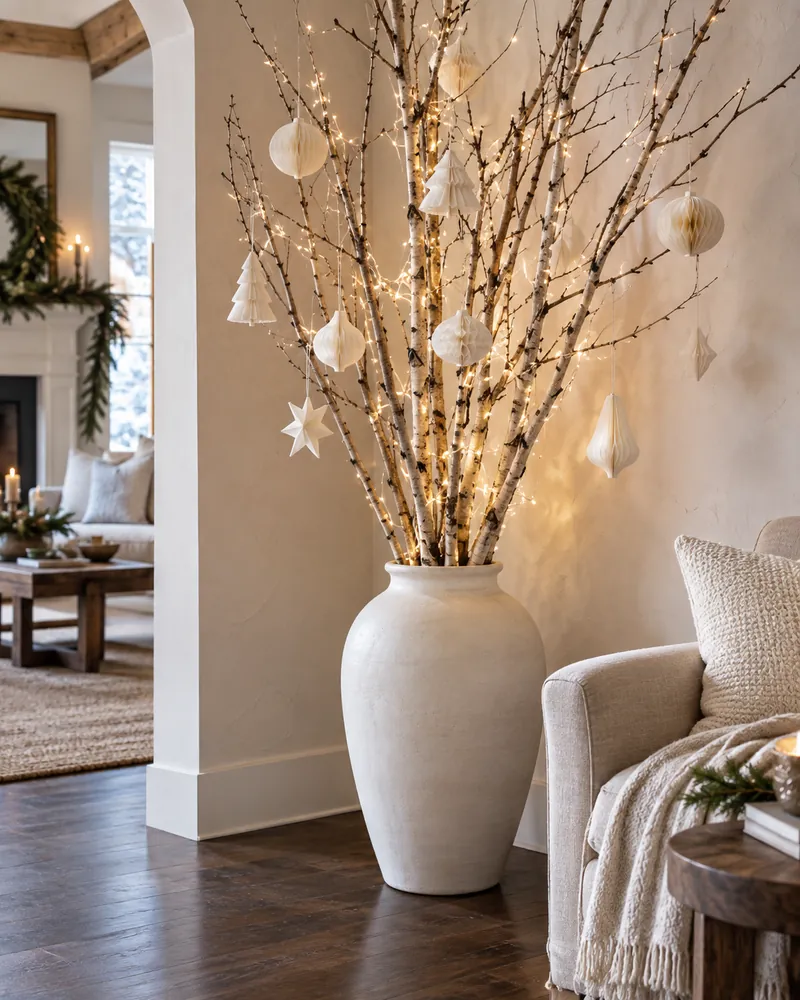 Birch branches with white ornaments in a floor vase