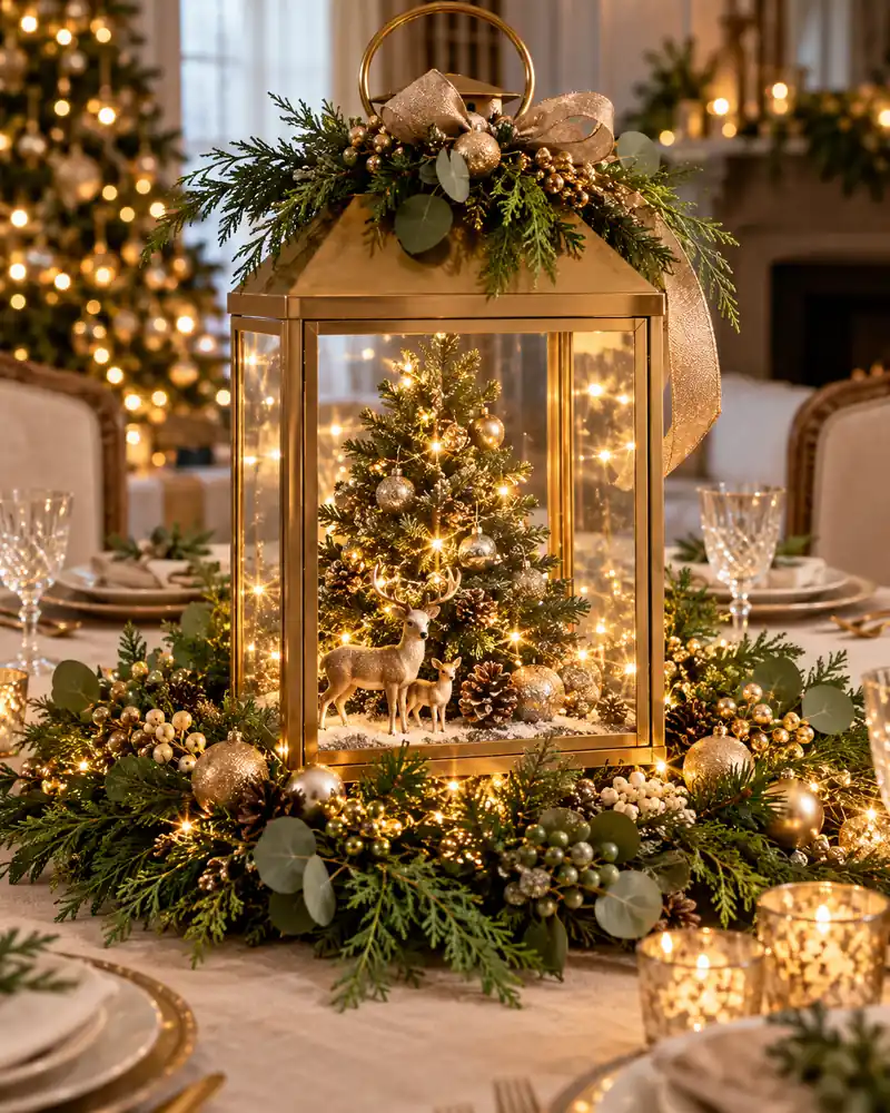 Lantern decor ideas for Christmas with a gold table centerpiece