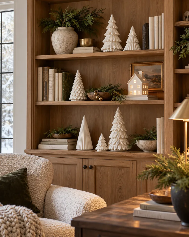 White ceramic Christmas trees on wooden shelves