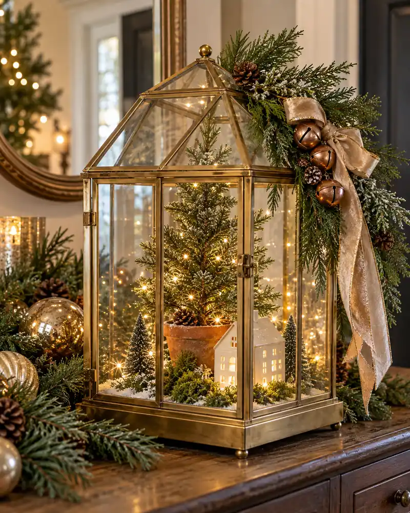 Brass greenhouse with miniature evergreen and ceramic cottage