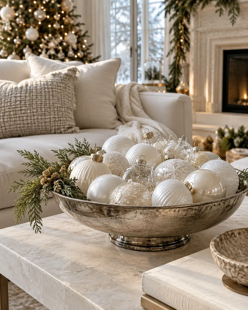Pearl white Christmas ornaments in a shallow bowl