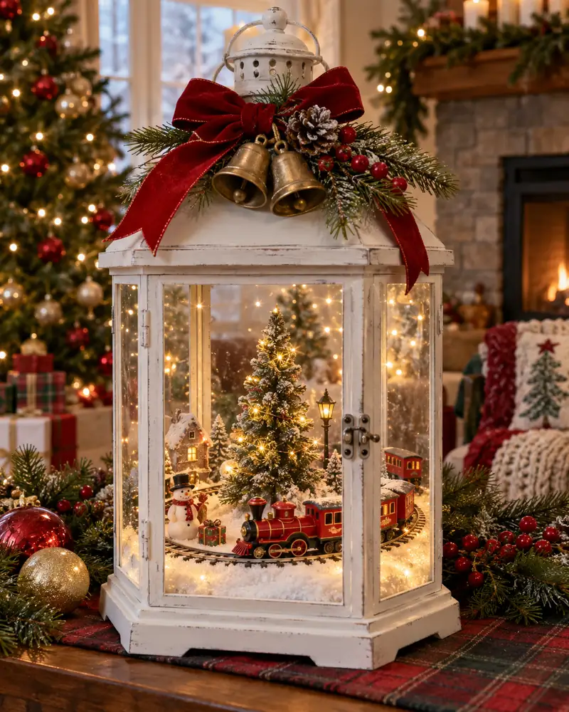 Christmas lantern containing a miniature red toy train