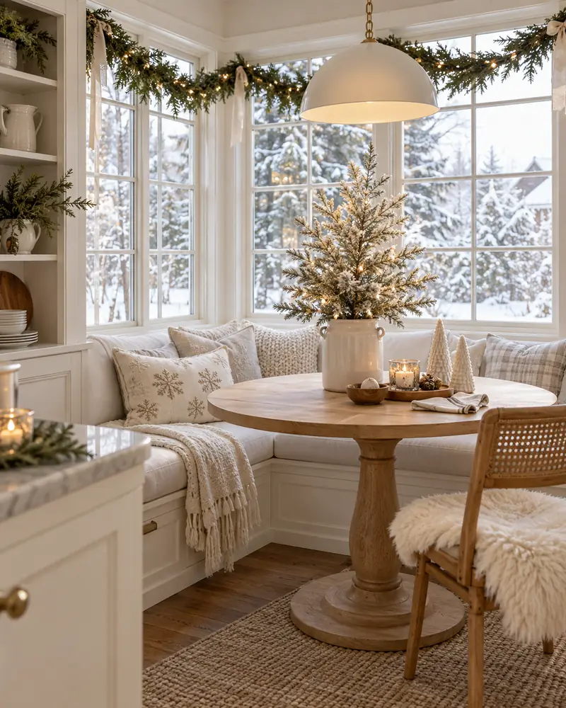 Small flocked tree in an ivory breakfast nook