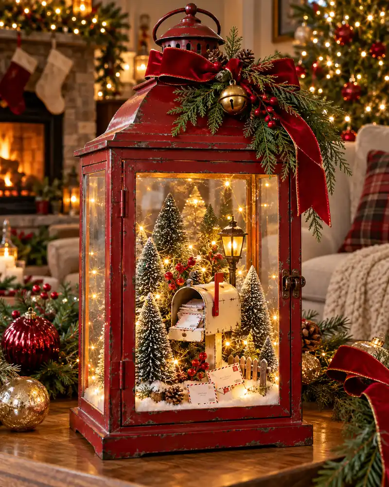 Red Christmas lantern with miniature mailbox and snowy trees