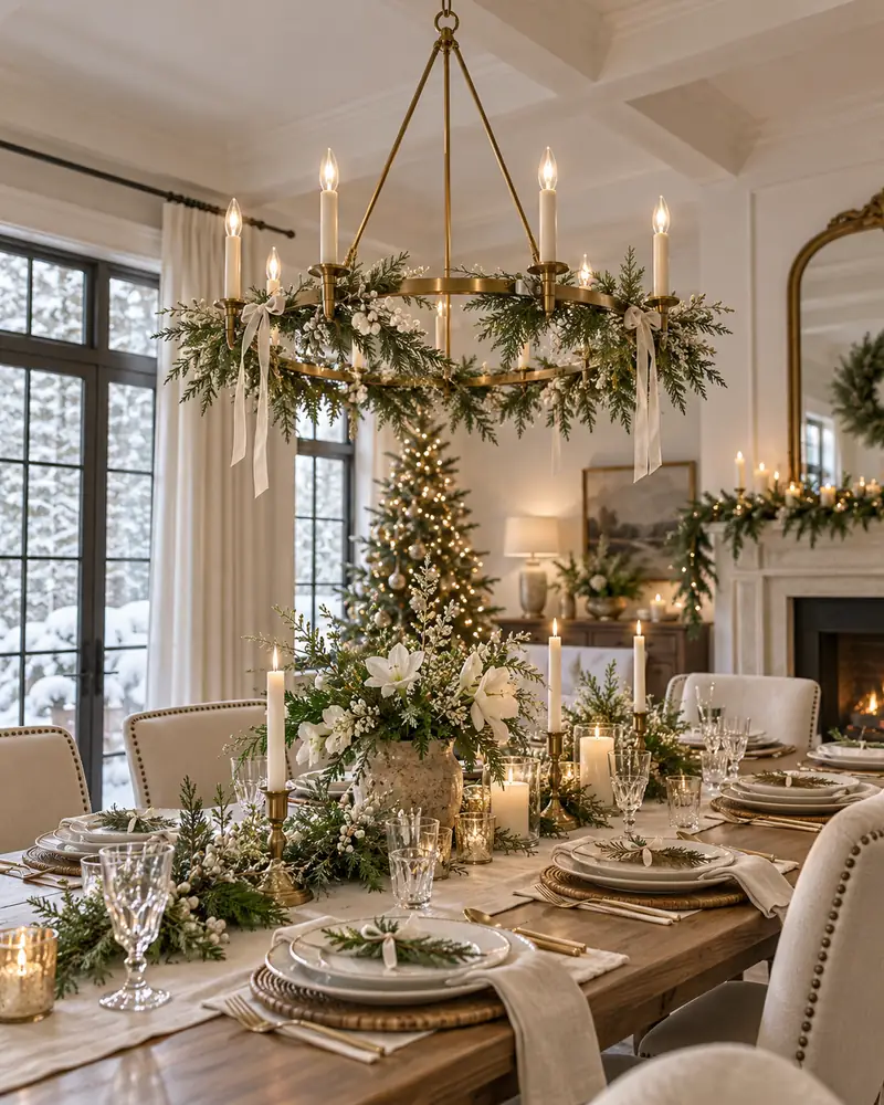 Frosted greenery on a Christmas dining chandelier