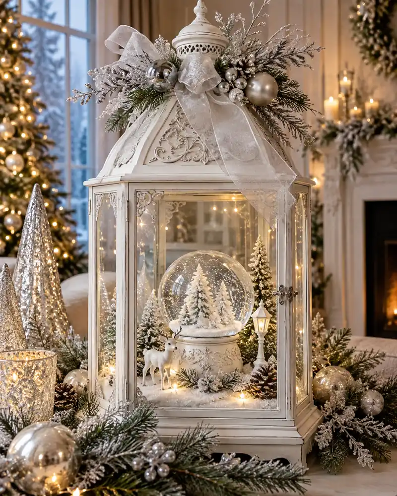 White winter lantern holding a miniature snow globe
