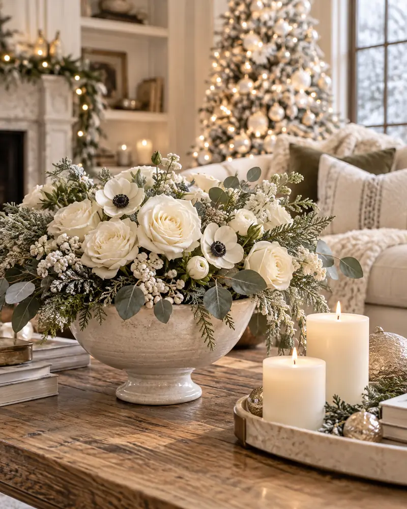 White winter flowers and candles on a coffee table