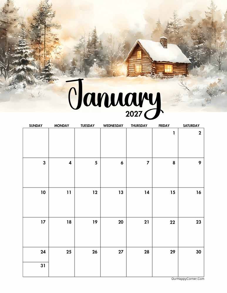 Cozy Cabin decorated calendar
