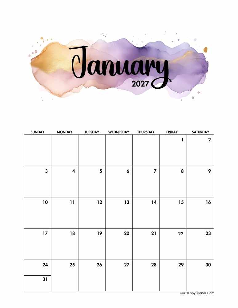January decorated calendar with Watercolor banners in champagne gold and frosted lavender