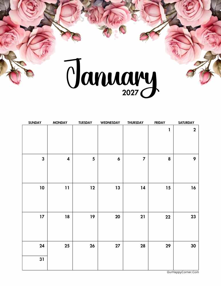 pink roses floral calendar