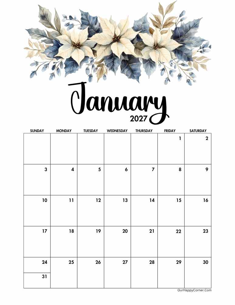 Watercolor poinsettias and snowdrops January calendar