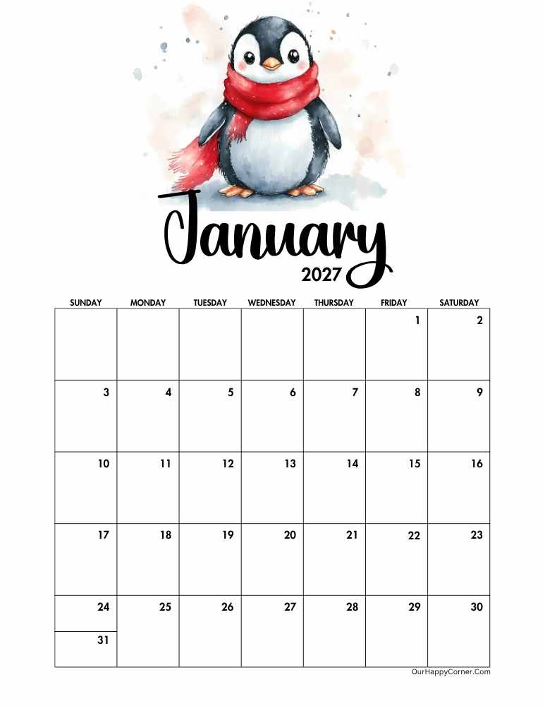 penguin wearing a red scarf decorated calendar