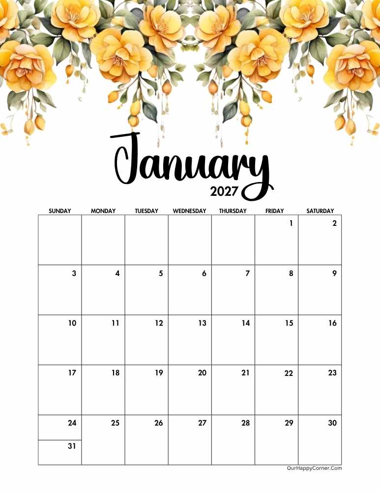 yellow floral January calendar