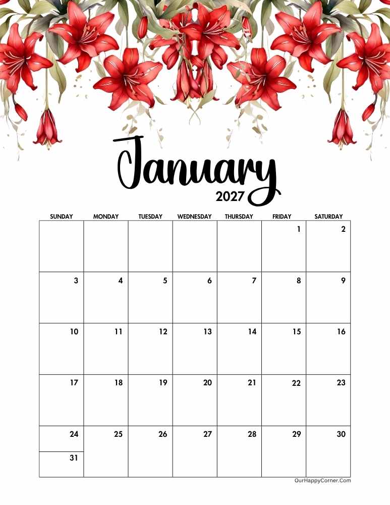 red floral January calendar
