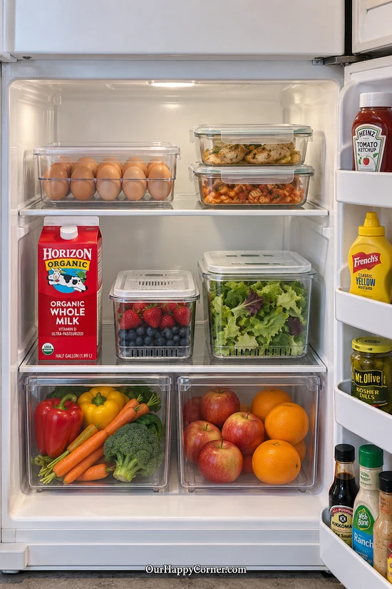 Organized refrigerator with egg storage, covered leftovers, and fresh produce