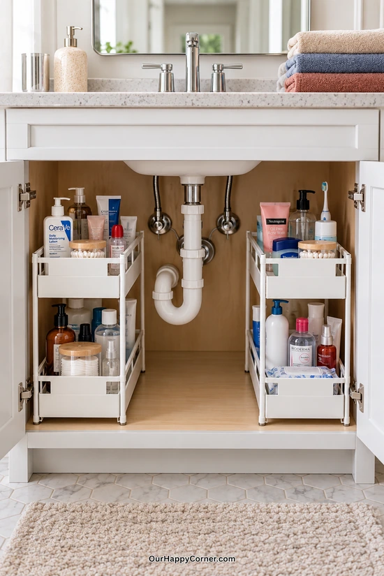 Bathroom organization with narrow pull-out trays beside vanity plumbing