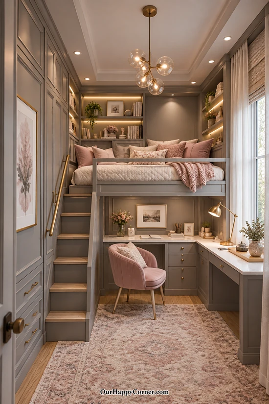 Blush and charcoal small bedroom design ideas with a fitted loft