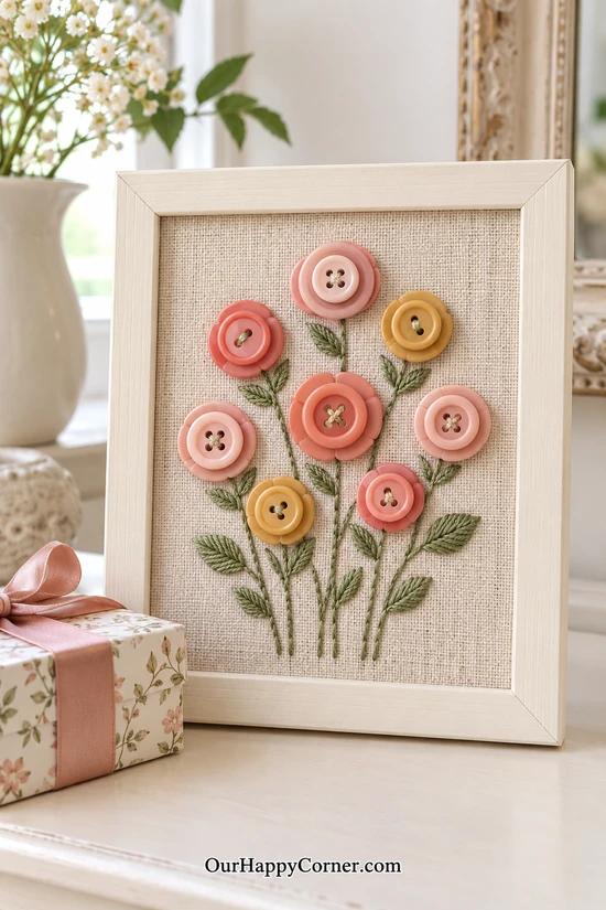 Framed button crafts to make and sell with embroidered flowers