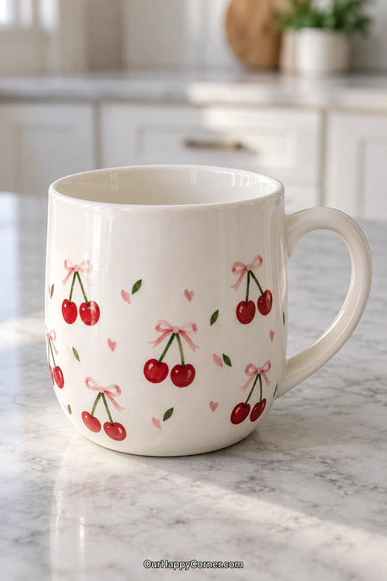 Ceramic cup painting ideas with red cherries, green stems, and pink bows
