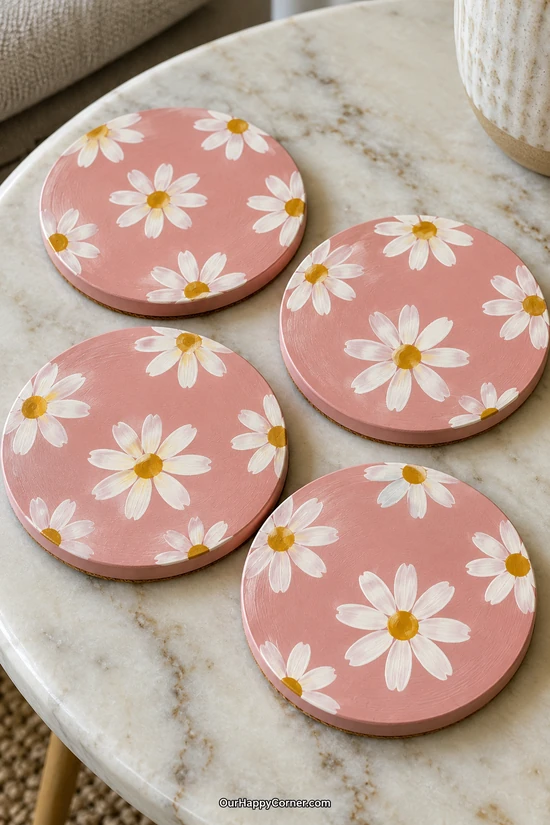Blush pink coaster painting ideas with white daisies and yellow centers