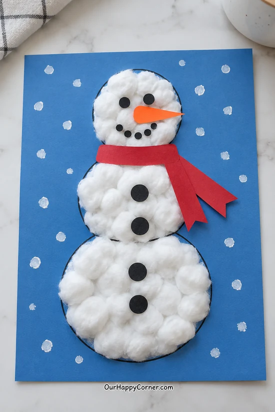 Cotton ball snowman winter crafts for kids